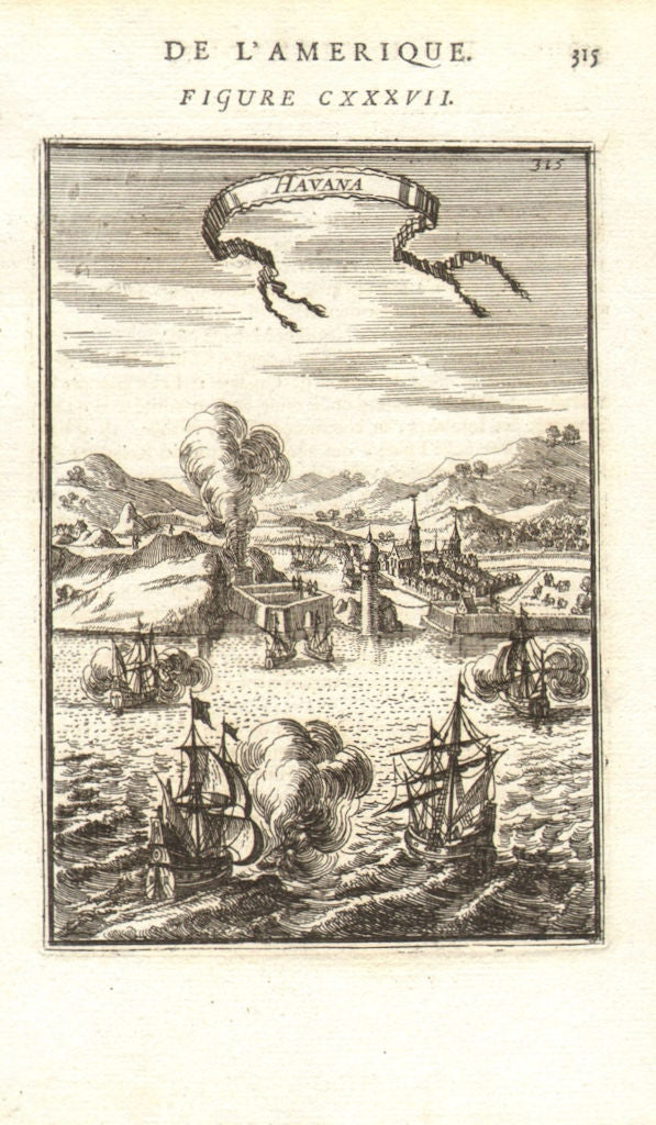 CUBA. City of Havana shown under attack by galleons. Decorative. MALLET 1683